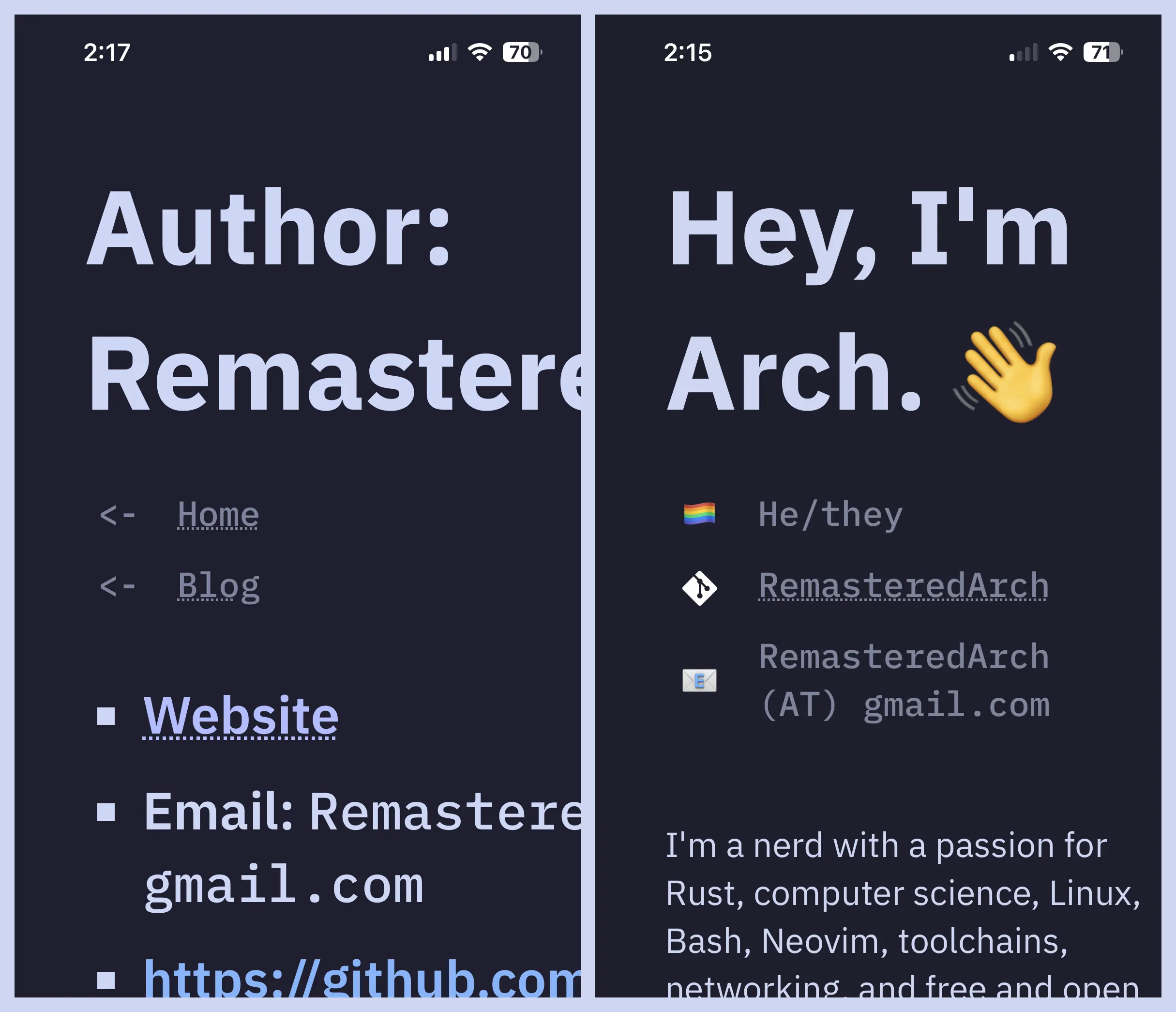 Two screenshots of this website showing oversized text overflowing